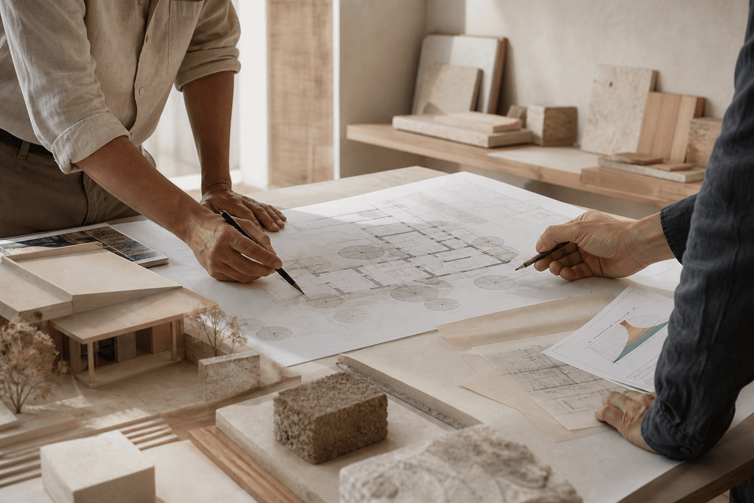 Architects reviewing a climate-responsive home plan, model, and material samples