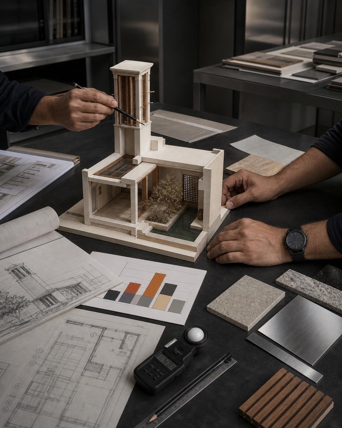 Architects reviewing a passive-cooling model, performance drawings, and material samples