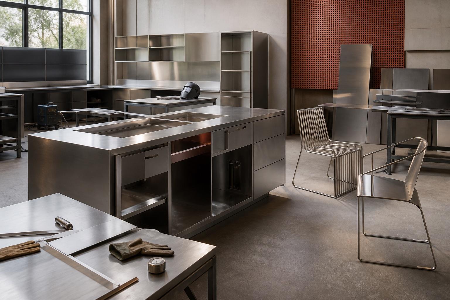 An SS304 kitchen and designer metal chairs in a contemporary fabrication studio